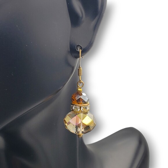 Faceted Iridescent Acrylic Bead Gold Tone Earrings Rhinestone Accent Dangle Drop - Picture 1 of 6